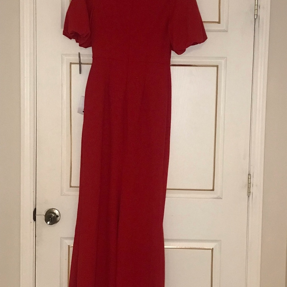 True Red Mother of the bride long Dress with Short Puff Sleeves